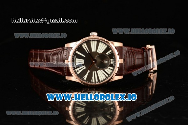 Roger Dubuis Excalibur 36 Miyota 9015 Automatic Rose Gold Case Black Dial With Roman Numeral Markers Brown Leather Strap - Click Image to Close